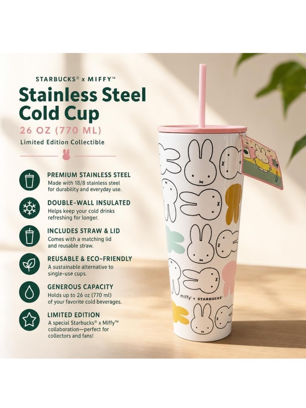 Starbucks x Miffy Pink Stainless Steel Cold Cup - 26 oz - Picture 6 of 6